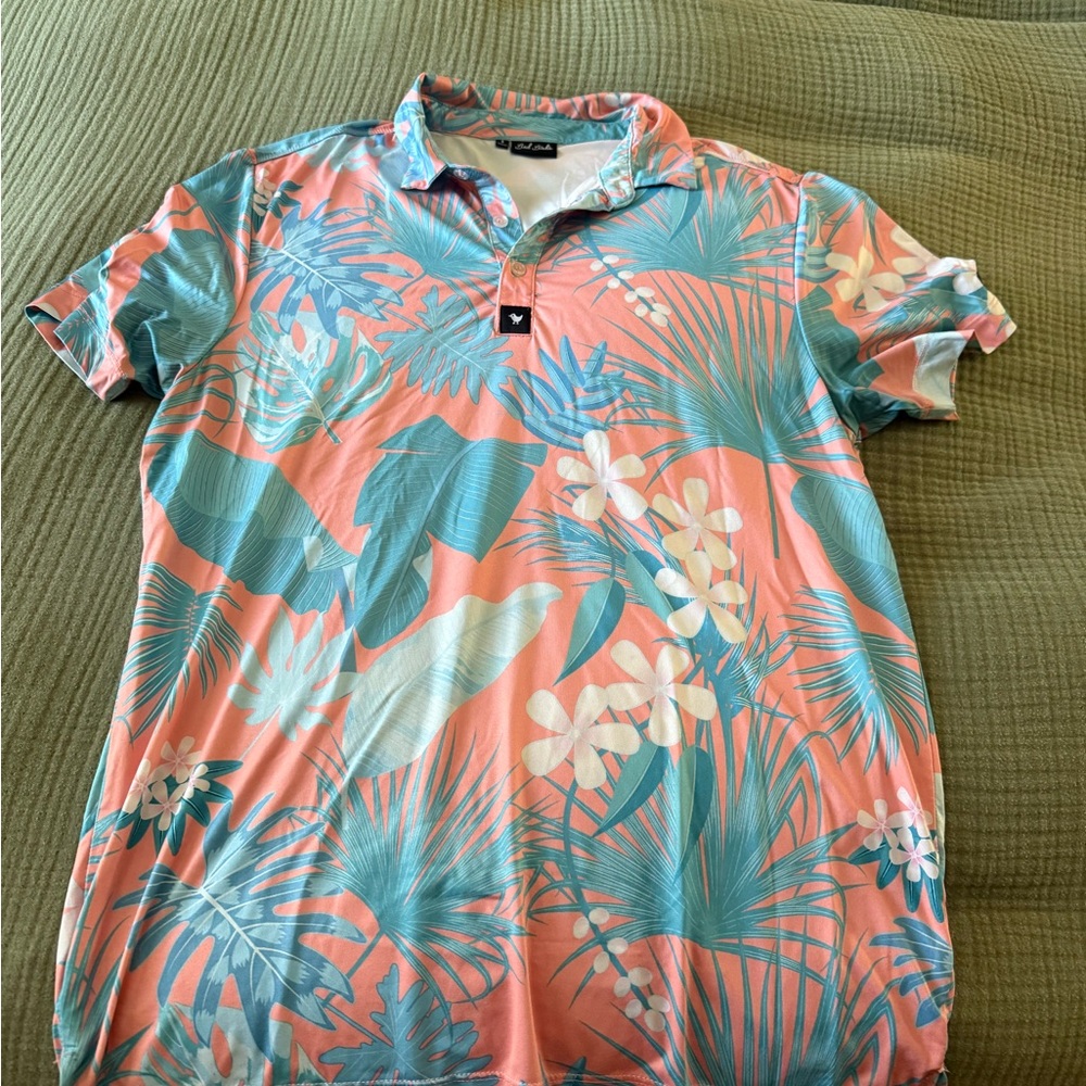 Bad Birdie Pink and Blue Tropical Polo Shirt
